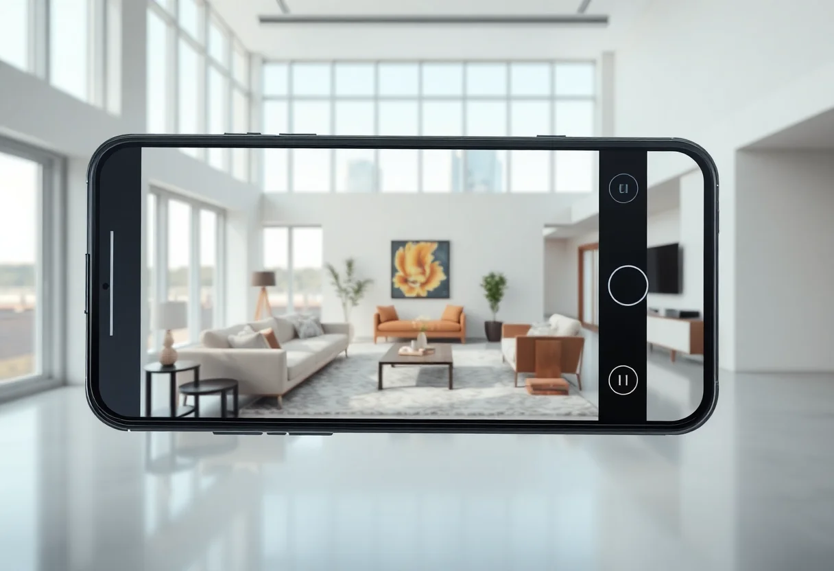 A bright and modern living room interior with large windows and stylish furniture, viewed through an augmented reality interface on a phone.