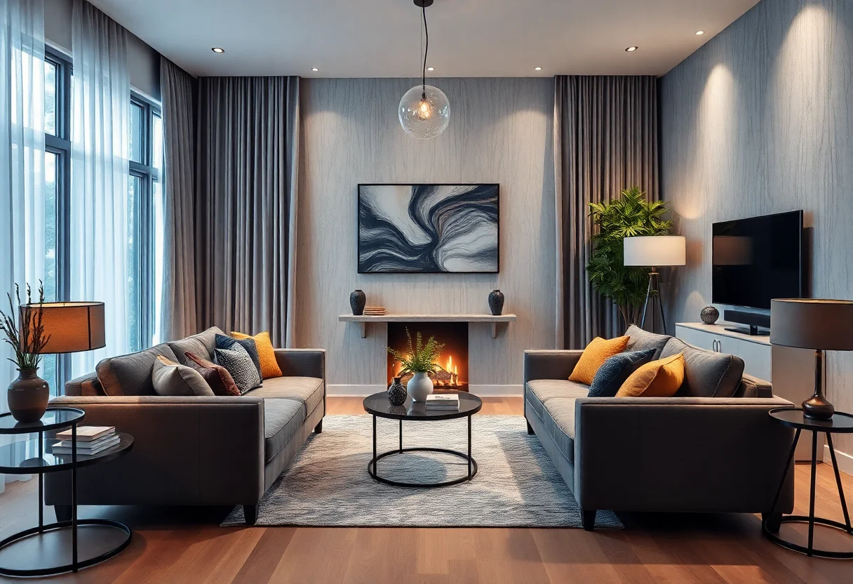 A stylish and modern living room with a comfortable sofa, elegant decor, and warm lighting, representing an ideal home design.